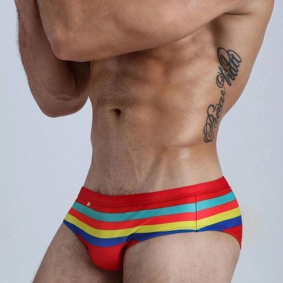 Men's Sexy Swimwear Low-Rise Striped Briefs Resort Beach Pool Party Red XL - Picture 1 of 3